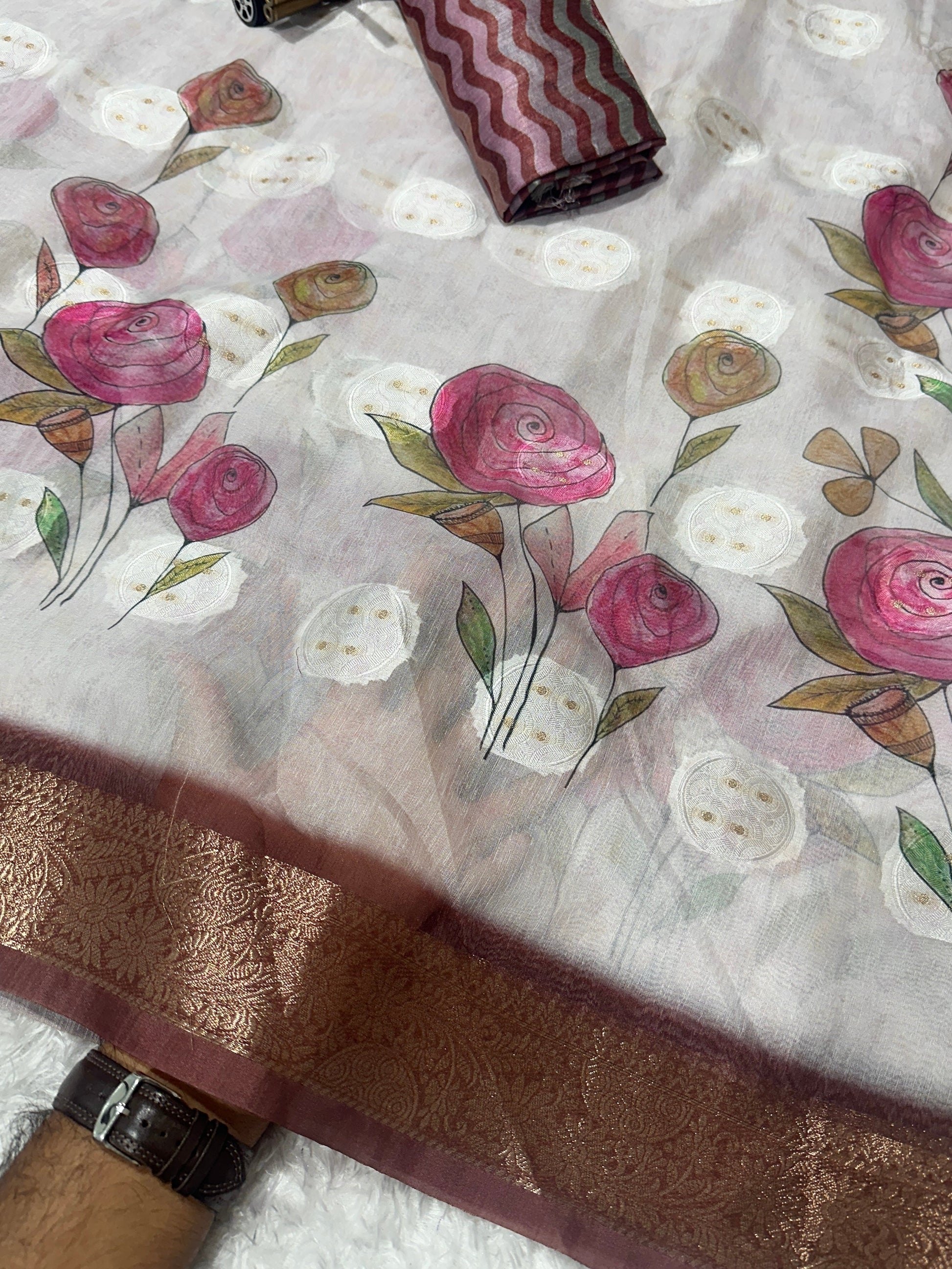 AnusCouture Rosa - Pure Cotton Jacquard Saree with Digital Print Anuscouture