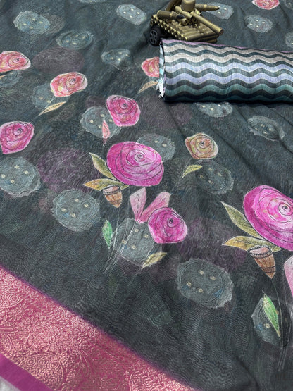 AnusCouture Rosa - Pure Cotton Jacquard Saree with Digital Print Anuscouture