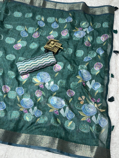 AnusCouture Rosa - Pure Cotton Jacquard Saree with Digital Print Anuscouture