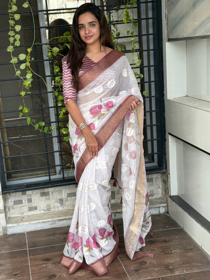 AnusCouture Rosa - Pure Cotton Jacquard Saree with Digital Print Anuscouture