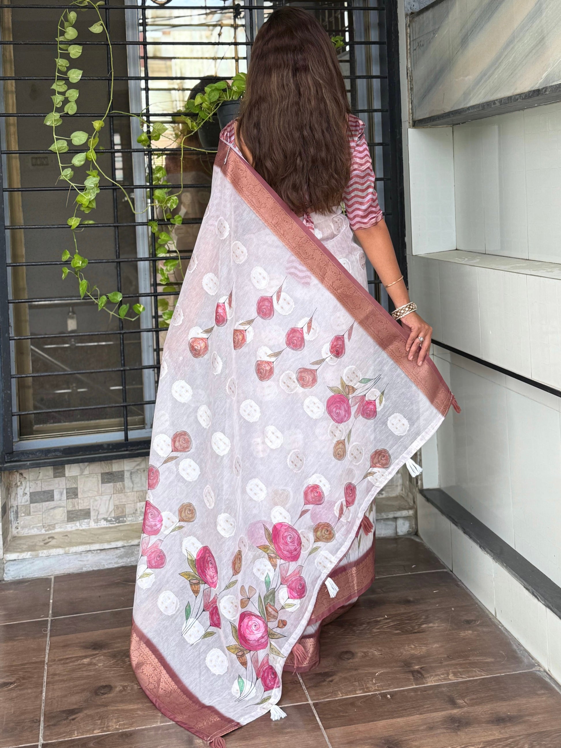 AnusCouture Rosa - Pure Cotton Jacquard Saree with Digital Print Anuscouture