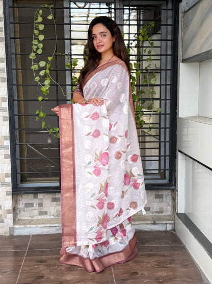 AnusCouture Rosa - Pure Cotton Jacquard Saree with Digital Print Anuscouture
