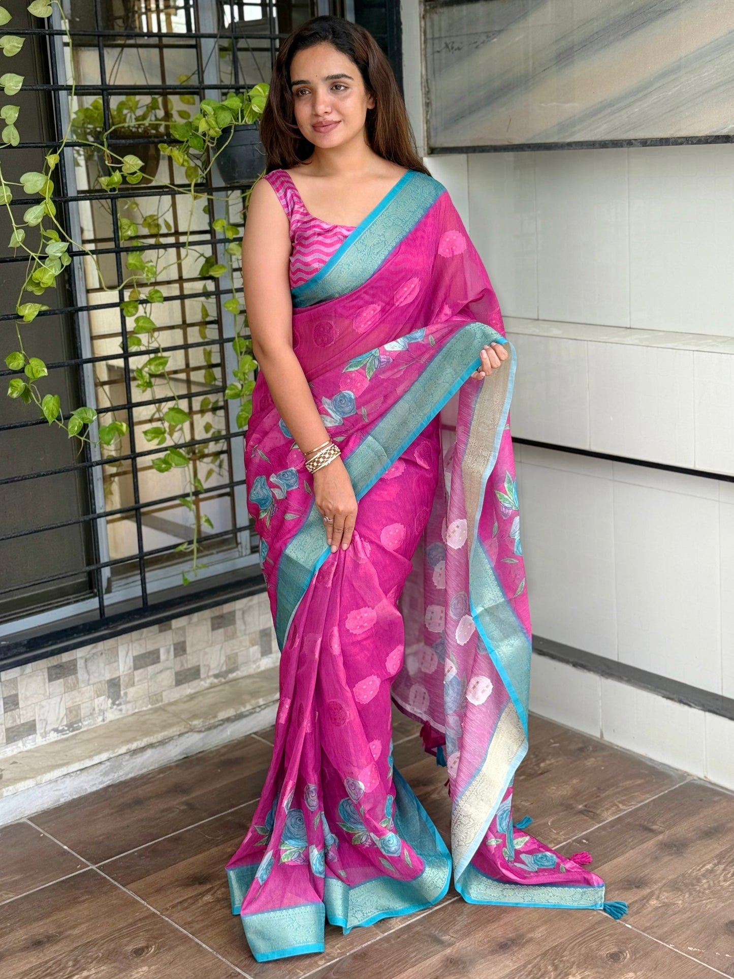 AnusCouture Rosa - Pure Cotton Jacquard Saree with Digital Print Anuscouture