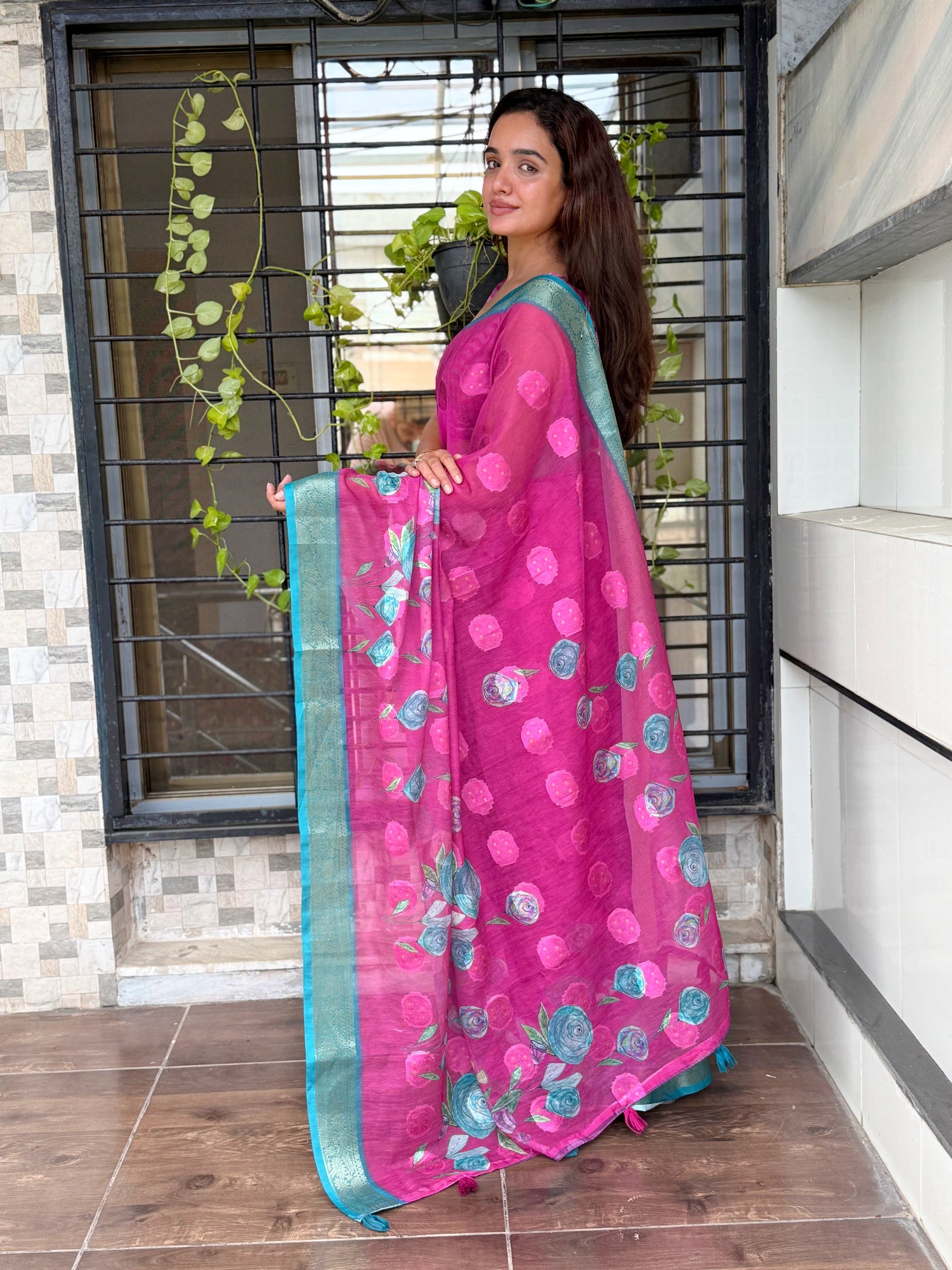 AnusCouture Rosa - Pure Cotton Jacquard Saree with Digital Print Anuscouture