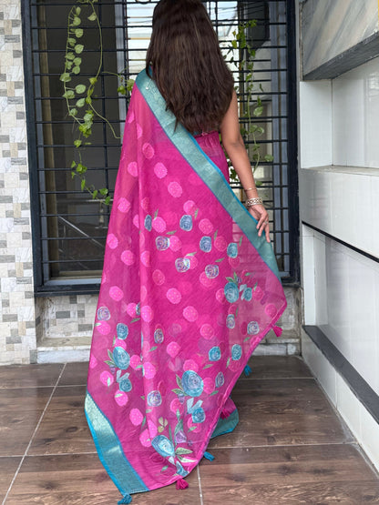AnusCouture Rosa - Pure Cotton Jacquard Saree with Digital Print Anuscouture