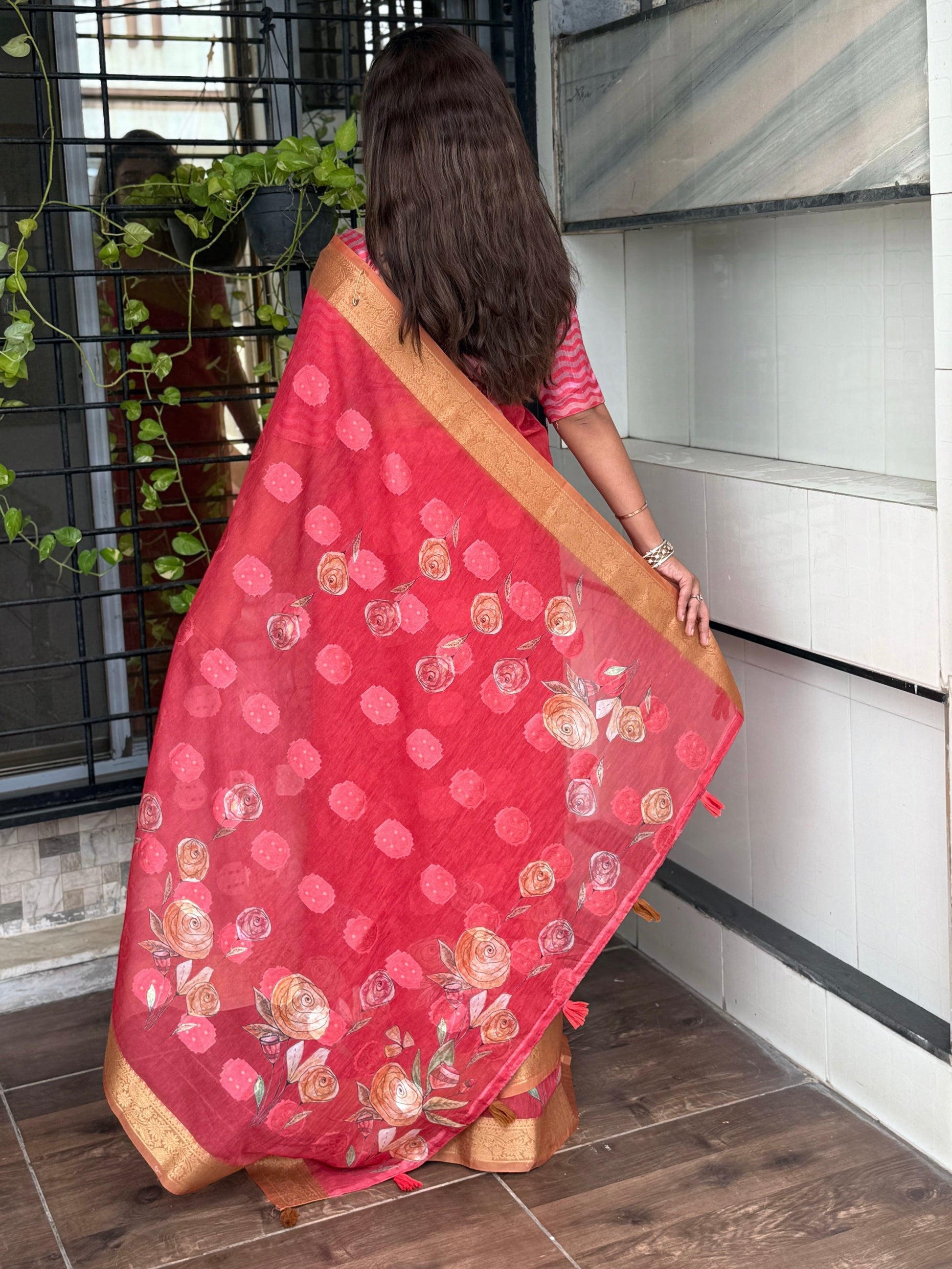 AnusCouture Rosa - Pure Cotton Jacquard Saree with Digital Print Anuscouture