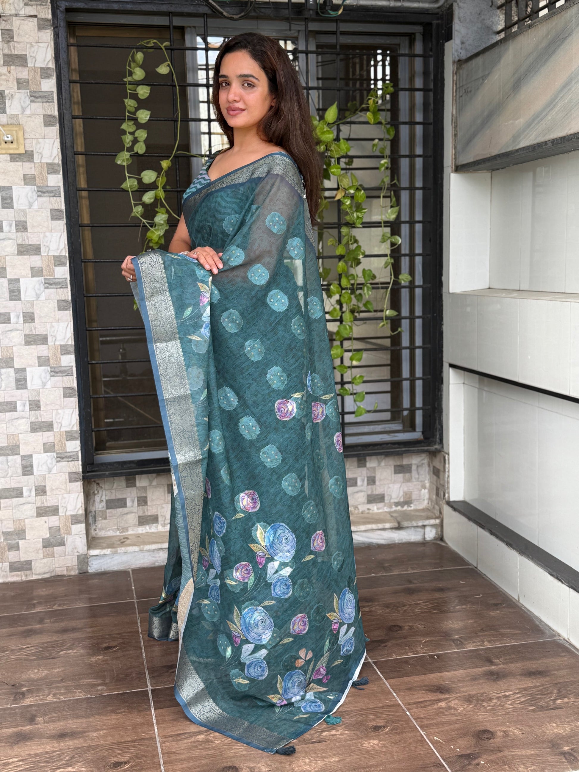 AnusCouture Rosa - Pure Cotton Jacquard Saree with Digital Print Anuscouture