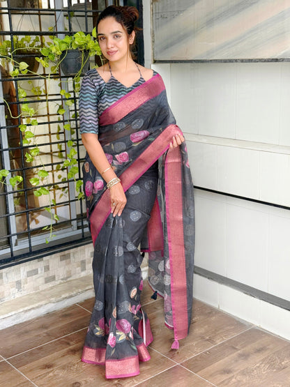 AnusCouture Rosa - Pure Cotton Jacquard Saree with Digital Print Anuscouture