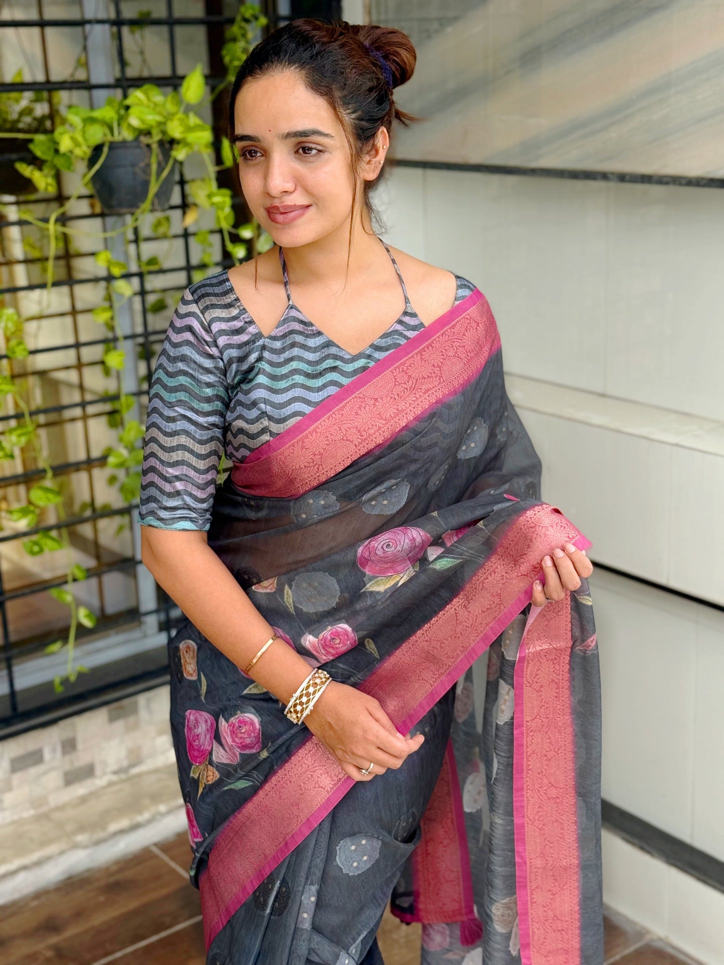 AnusCouture Rosa - Pure Cotton Jacquard Saree with Digital Print Anuscouture