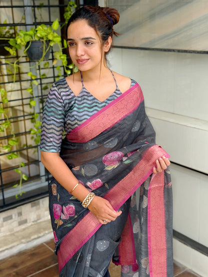 AnusCouture Rosa - Pure Cotton Jacquard Saree with Digital Print Anuscouture