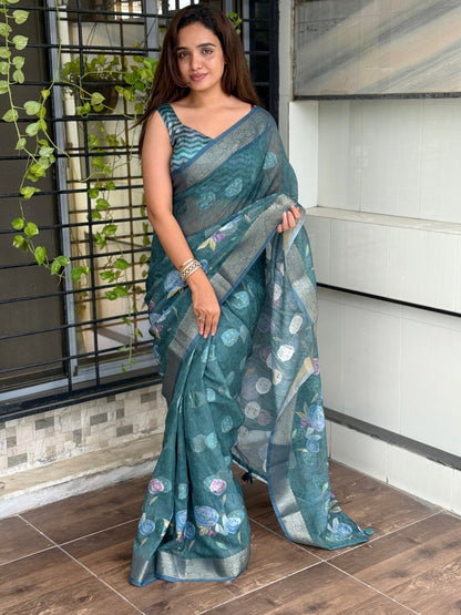 AnusCouture Rosa - Pure Cotton Jacquard Saree with Digital Print Anuscouture