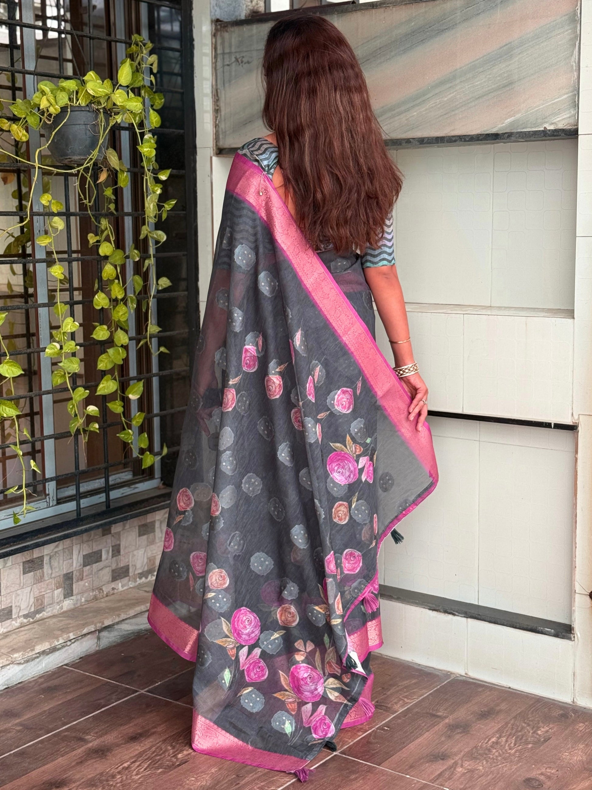 AnusCouture Rosa - Pure Cotton Jacquard Saree with Digital Print Anuscouture