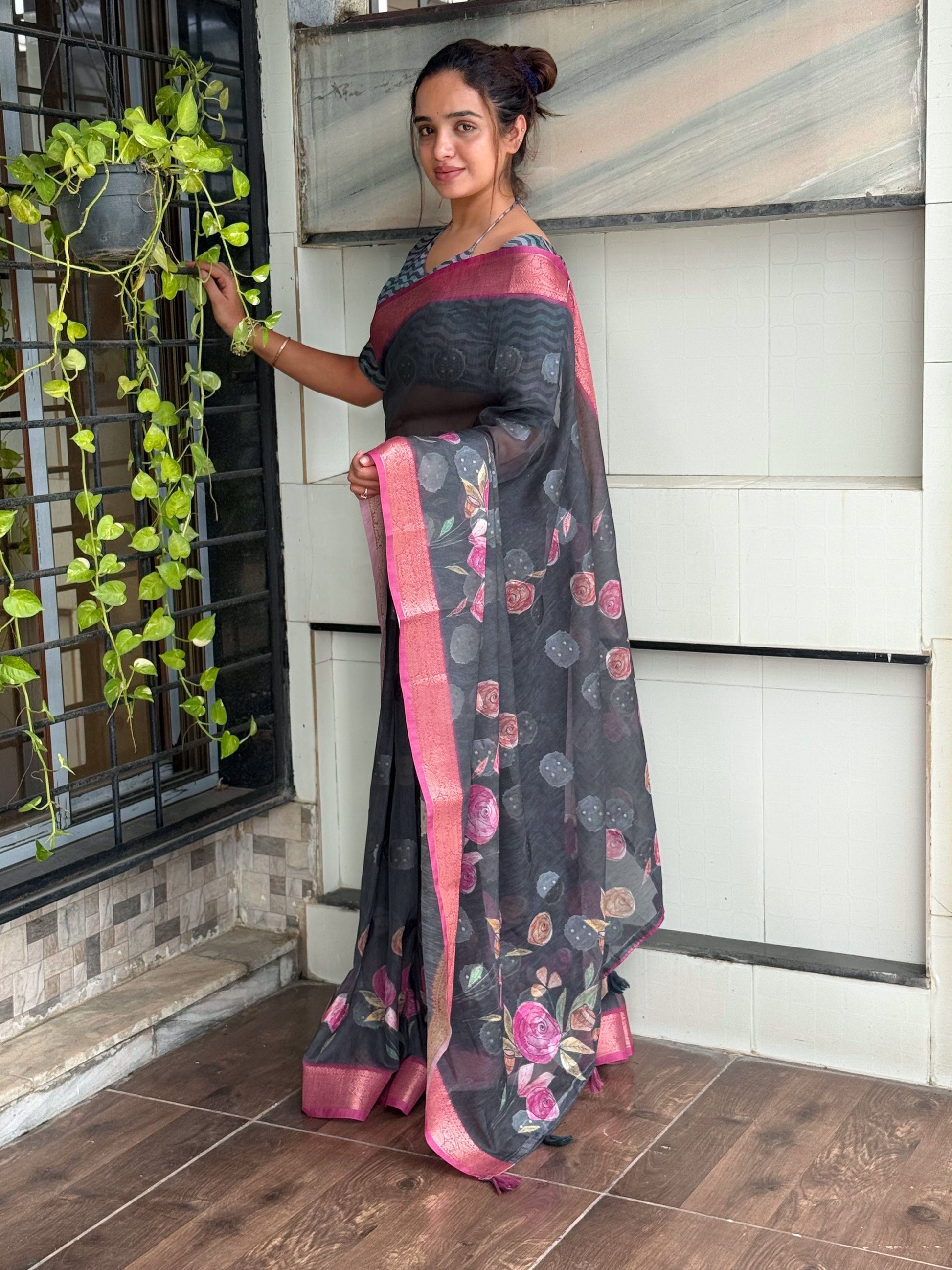 AnusCouture Rosa - Pure Cotton Jacquard Saree with Digital Print Anuscouture