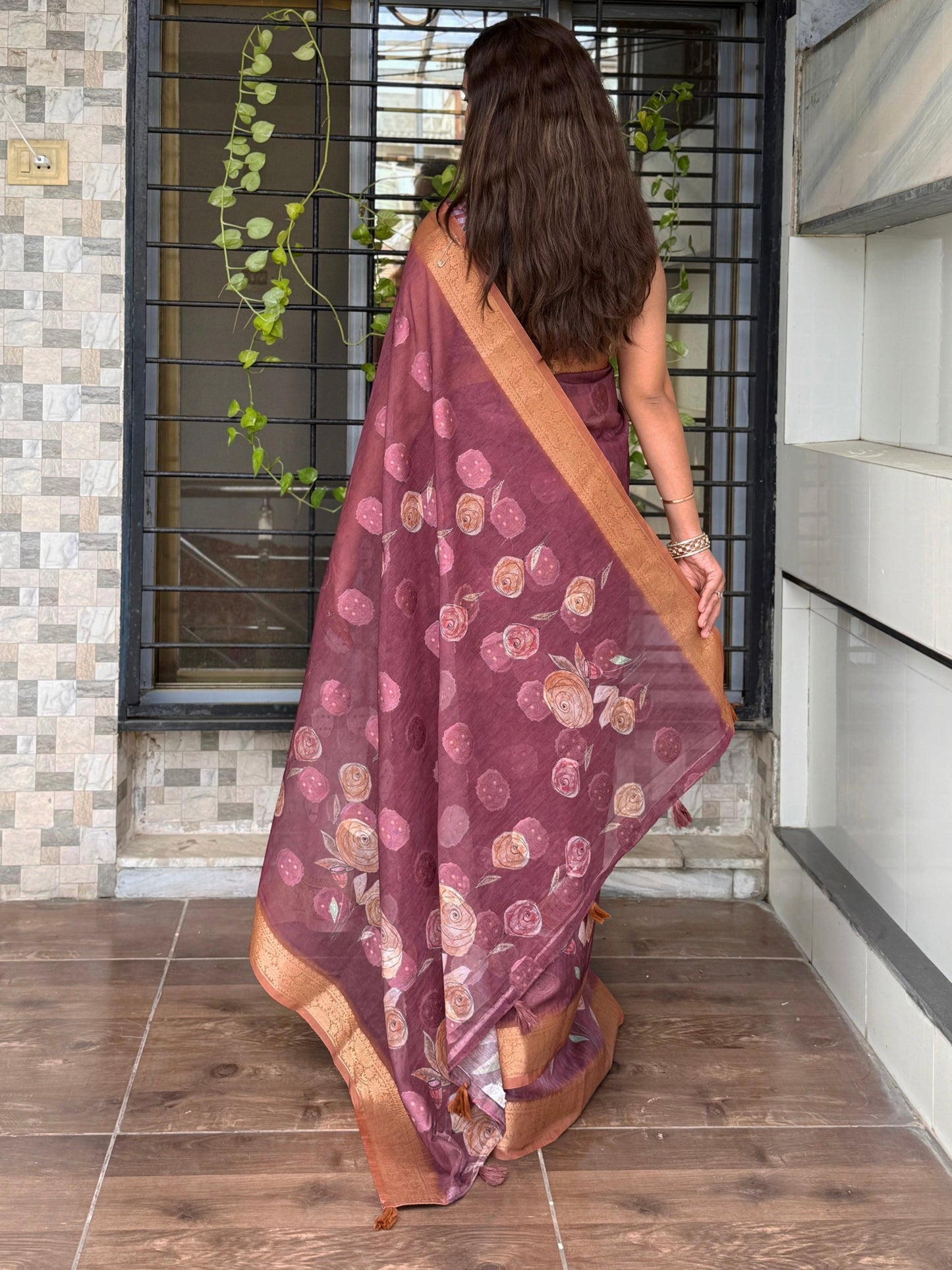 AnusCouture Rosa - Pure Cotton Jacquard Saree with Digital Print Anuscouture