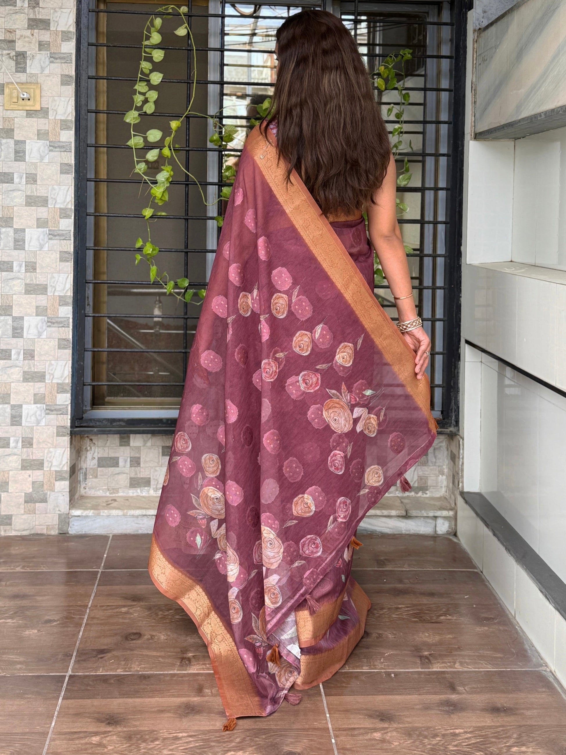 AnusCouture Rosa - Pure Cotton Jacquard Saree with Digital Print Anuscouture