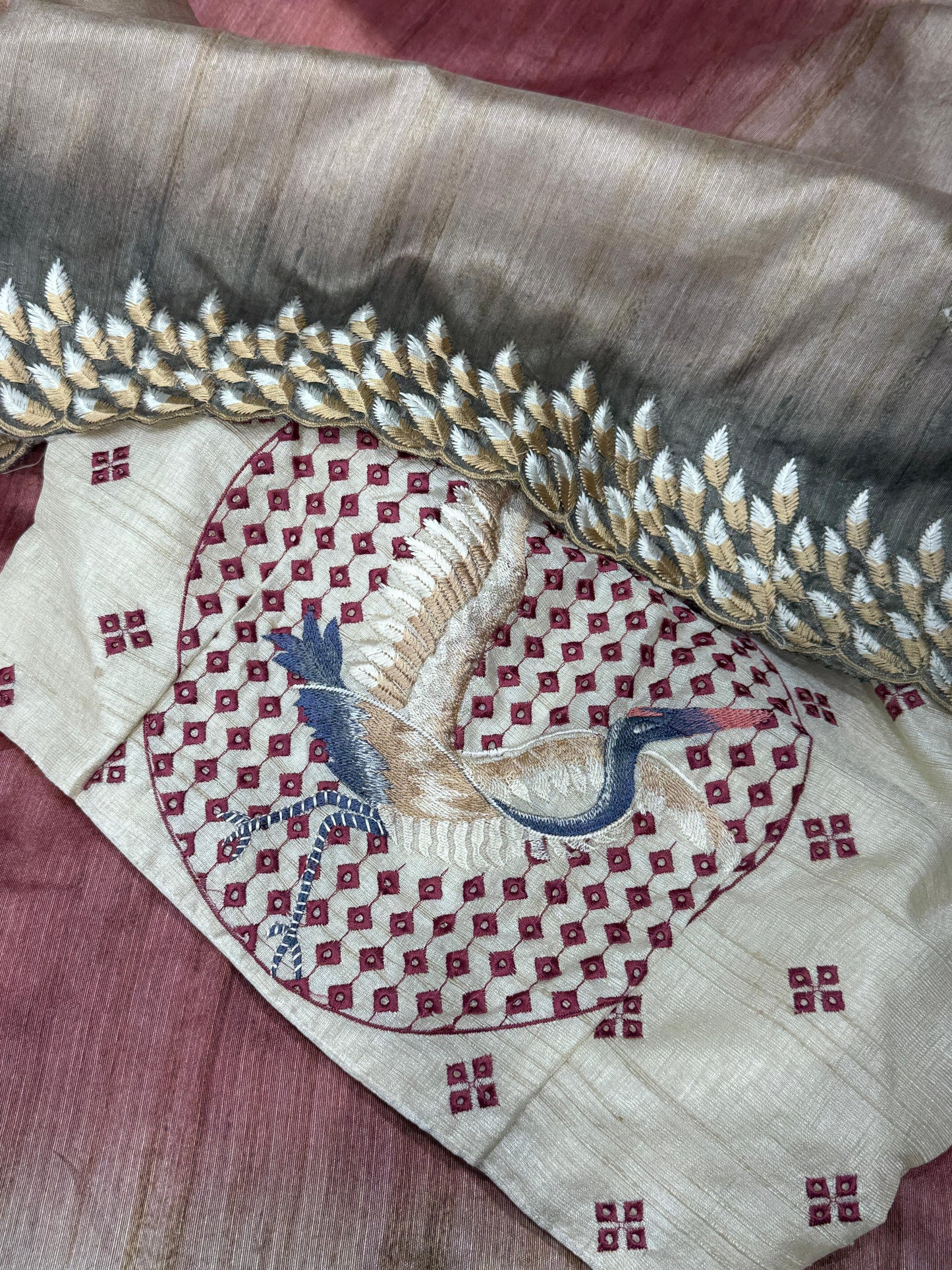 Anuscouture Flamingo - Digital Print Silk Saree with Kashmiri Embroidery Anuscouture