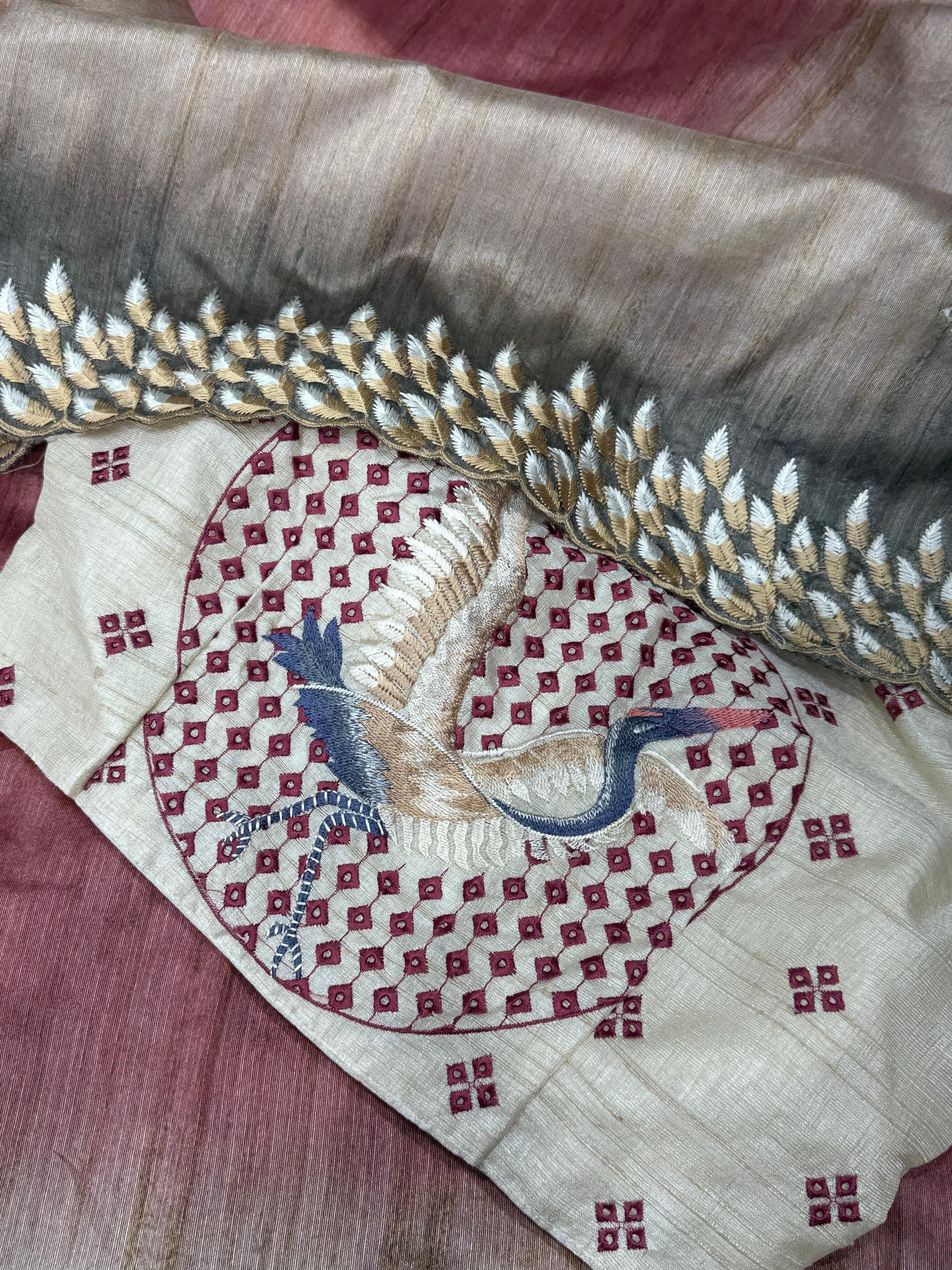 Anuscouture Flamingo - Digital Print Silk Saree with Kashmiri Embroidery Anuscouture