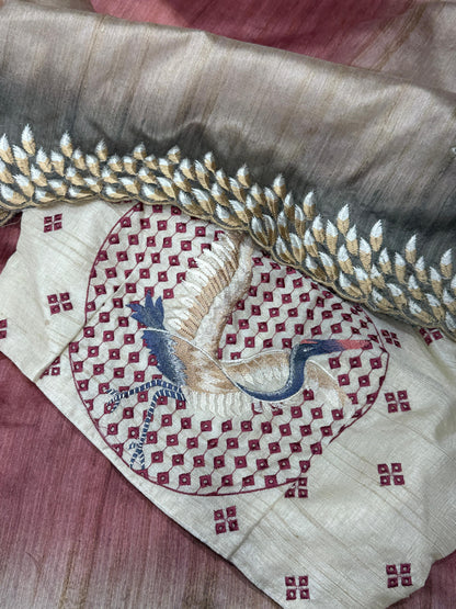 Anuscouture Flamingo - Digital Print Silk Saree with Kashmiri Embroidery Anuscouture