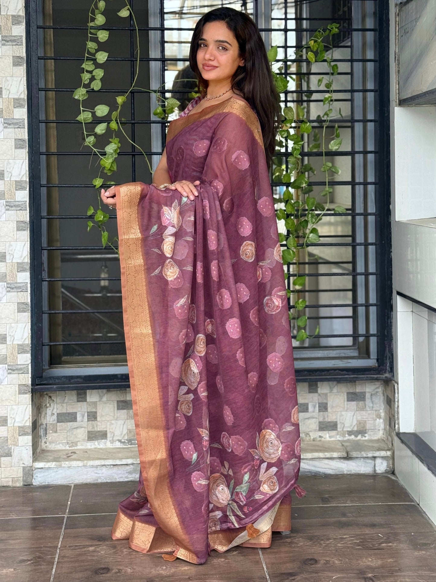 AnusCouture Rosa - Pure Cotton Jacquard Saree with Digital Print Anuscouture