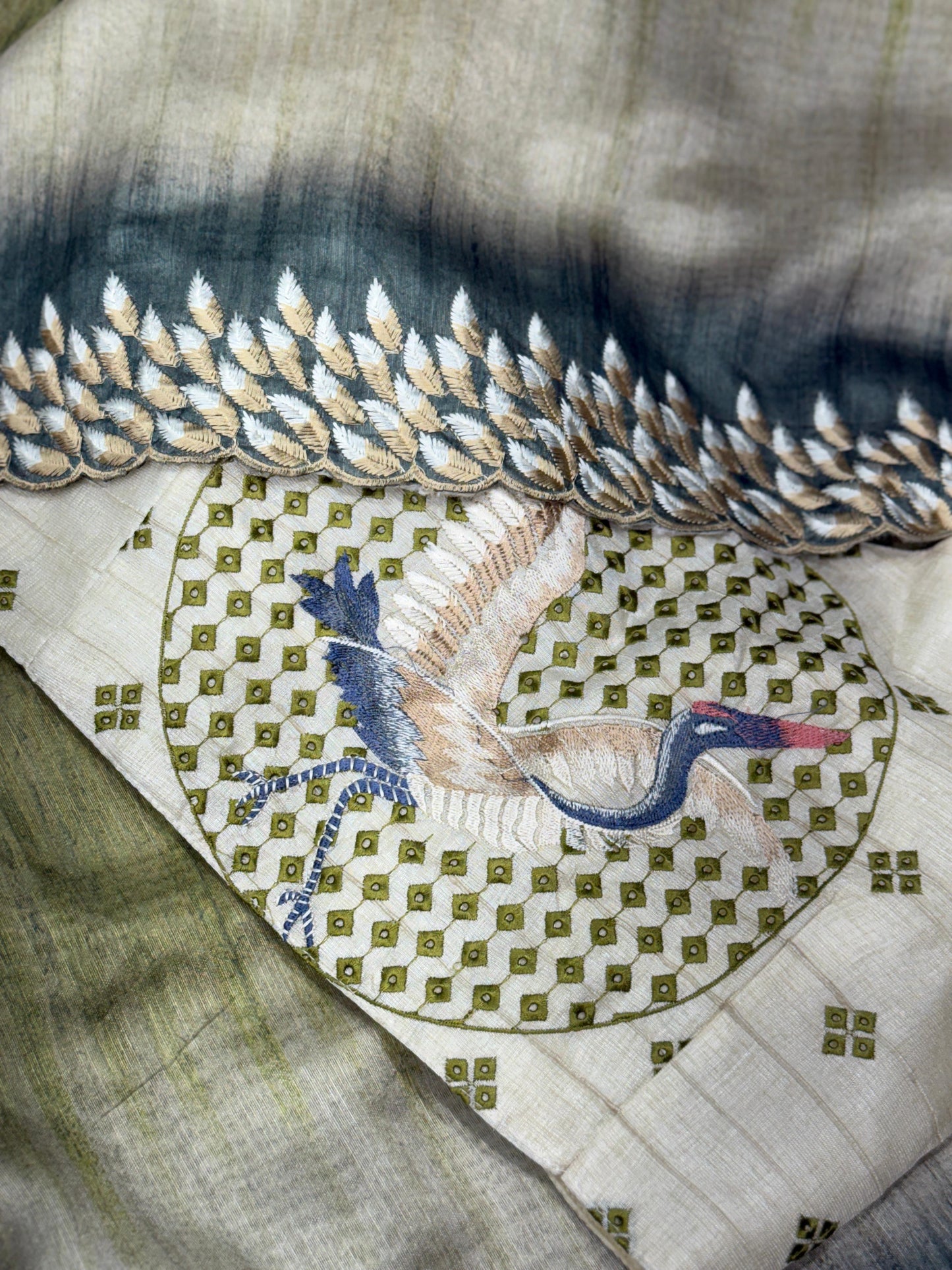 Anuscouture Flamingo - Digital Print Silk Saree with Kashmiri Embroidery Anuscouture