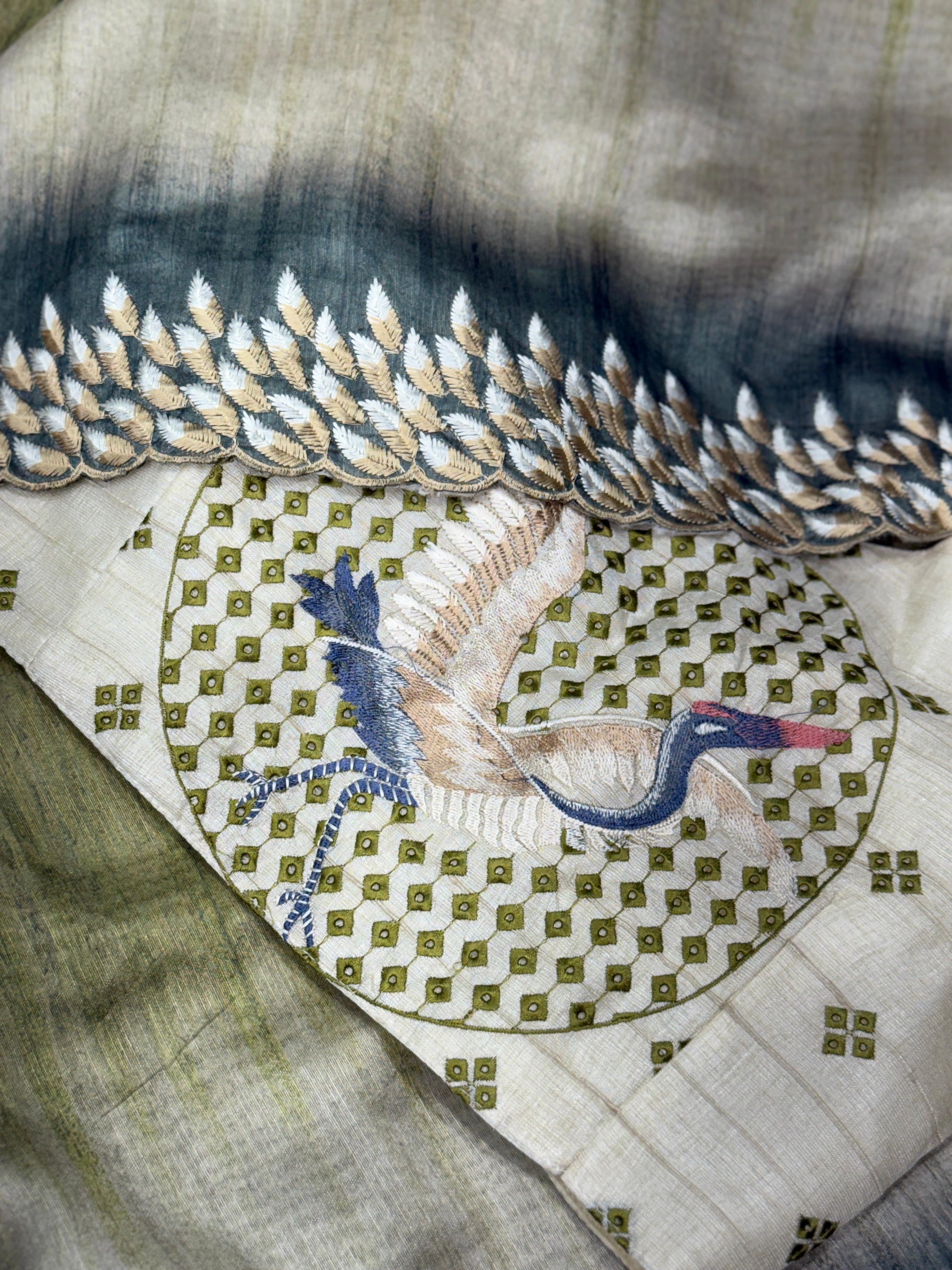 Anuscouture Flamingo - Digital Print Silk Saree with Kashmiri Embroidery Anuscouture