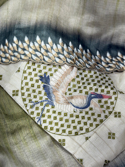 Anuscouture Flamingo - Digital Print Silk Saree with Kashmiri Embroidery Anuscouture