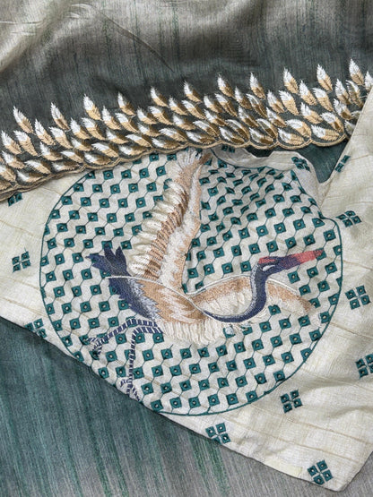 Anuscouture Flamingo - Digital Print Silk Saree with Kashmiri Embroidery Anuscouture