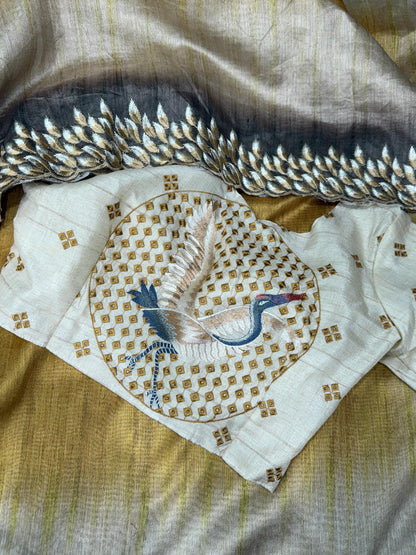 Anuscouture Flamingo - Digital Print Silk Saree with Kashmiri Embroidery Anuscouture