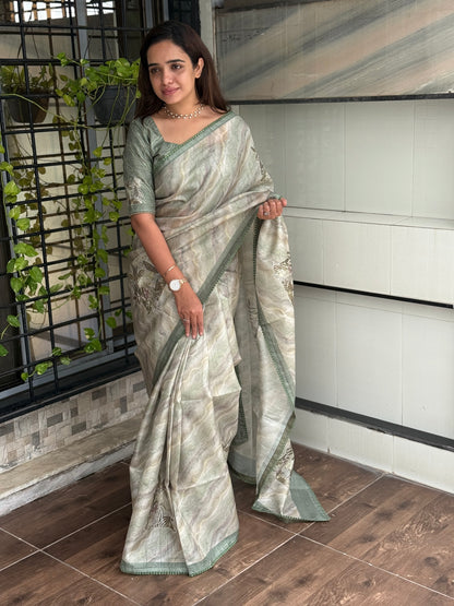 AnusCouture Divya - Pure Linen Saree with Digital Print & Sequin Detailing Anuscouture
