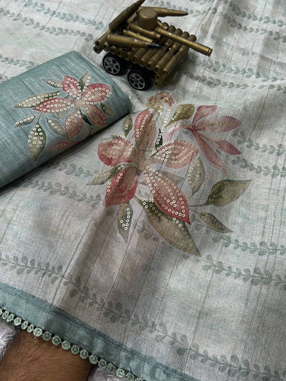 AnusCouture Divya - Pure Linen Saree with Digital Print & Sequin Detailing Anuscouture