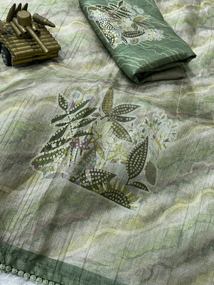 AnusCouture Divya - Pure Linen Saree with Digital Print & Sequin Detailing Anuscouture