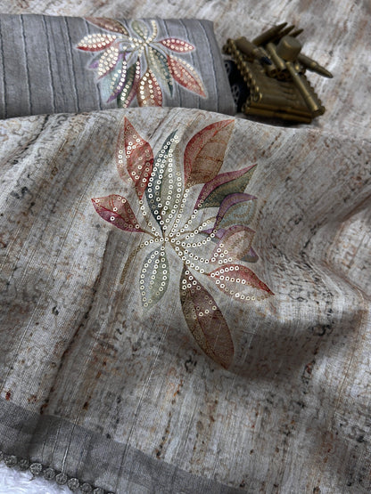 AnusCouture Divya - Pure Linen Saree with Digital Print & Sequin Detailing Anuscouture