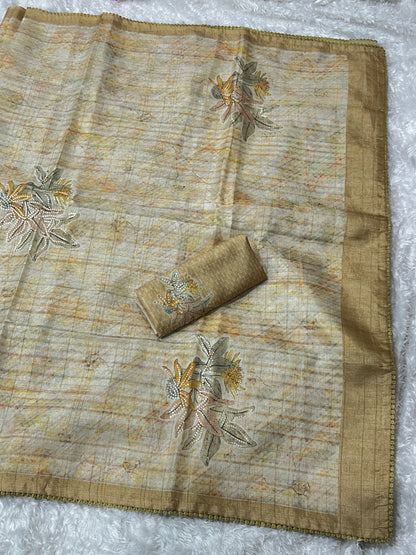 AnusCouture Divya - Pure Linen Saree with Digital Print & Sequin Detailing Anuscouture