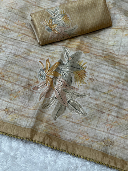 AnusCouture Divya - Pure Linen Saree with Digital Print & Sequin Detailing Anuscouture