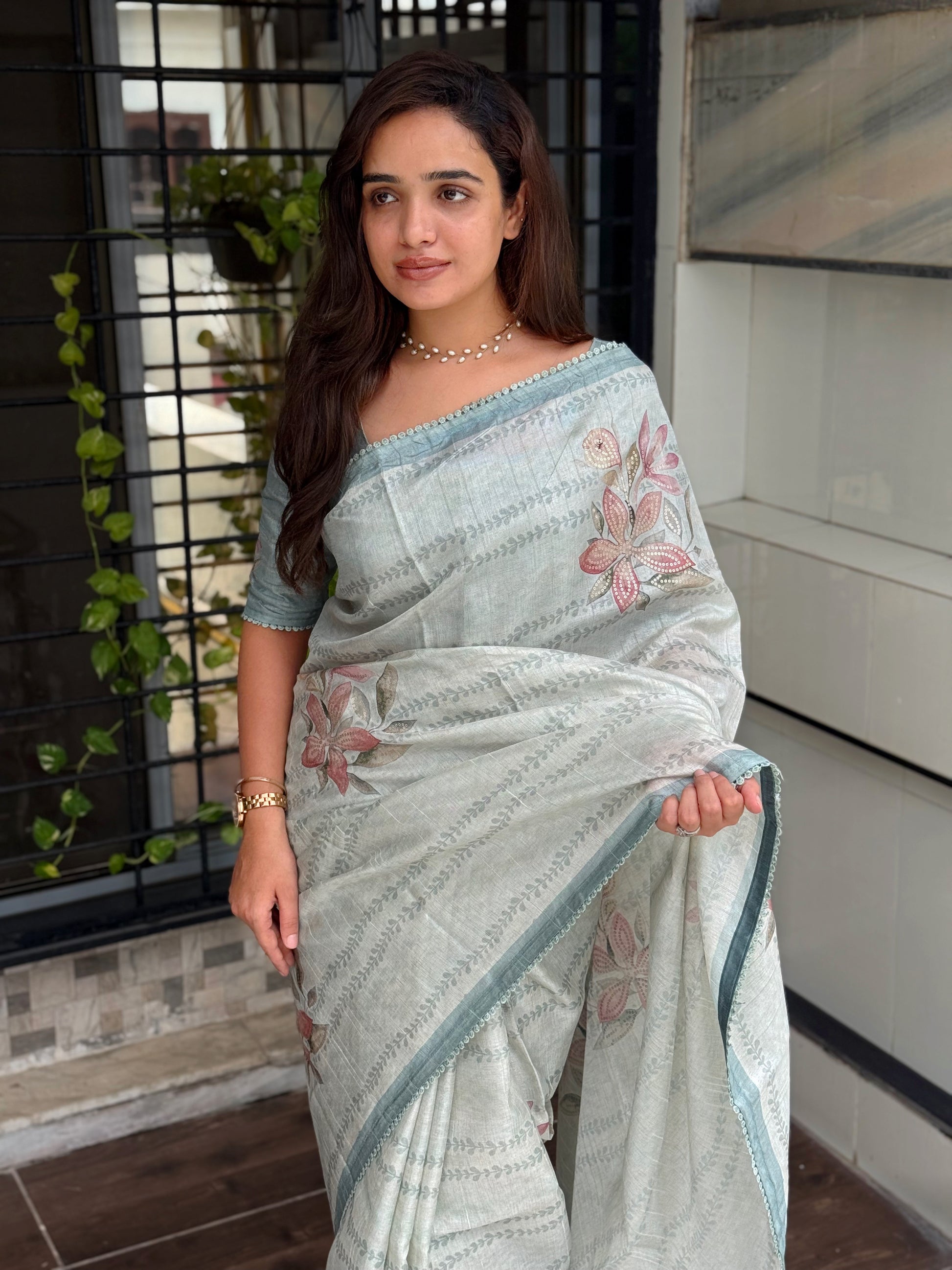 AnusCouture Divya - Pure Linen Saree with Digital Print & Sequin Detailing Anuscouture