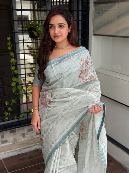 AnusCouture Divya - Pure Linen Saree with Digital Print & Sequin Detailing Anuscouture