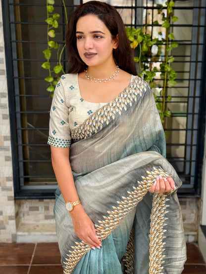 Anuscouture Flamingo - Digital Print Silk Saree with Kashmiri Embroidery Anuscouture