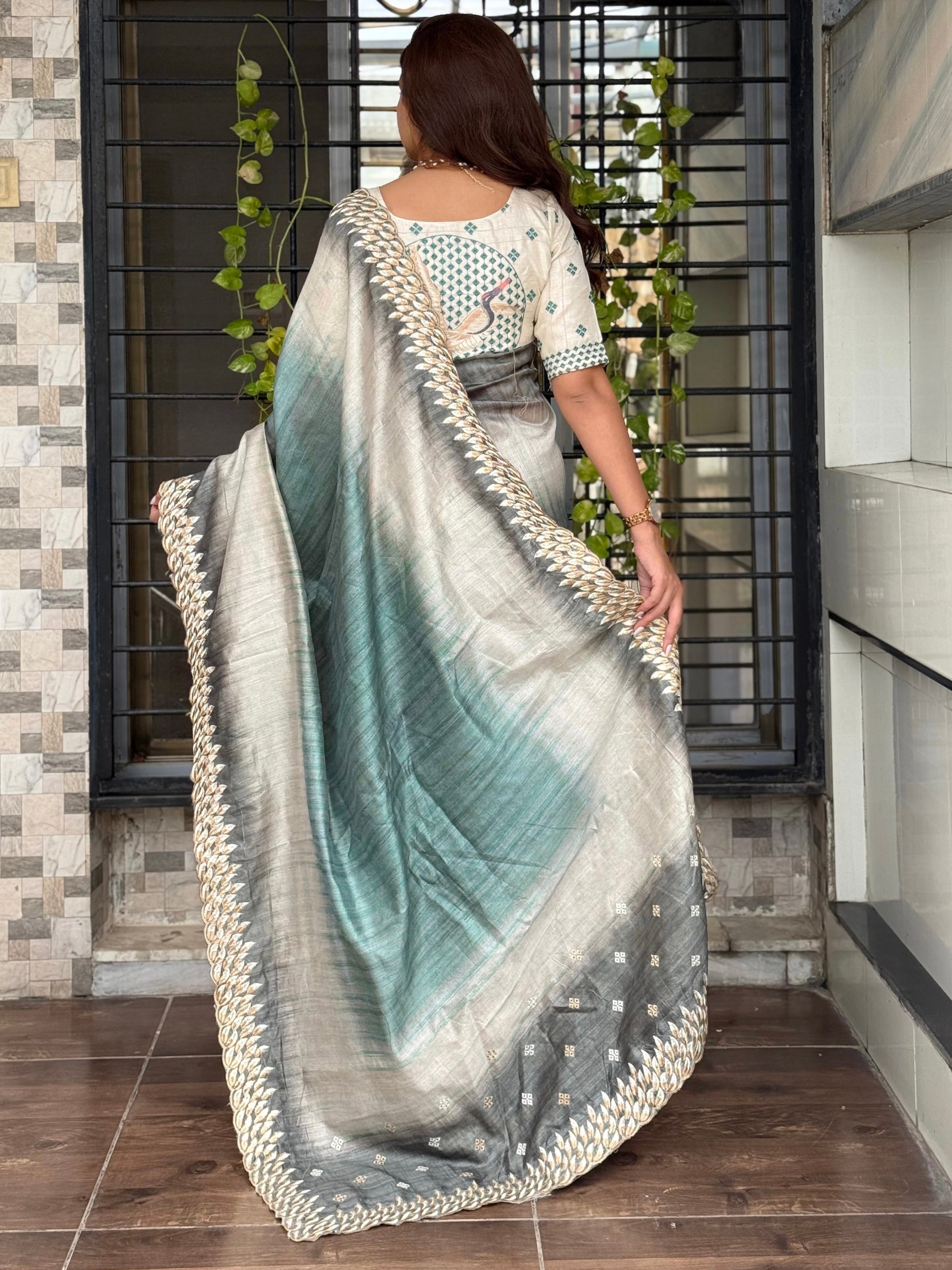 Anuscouture Flamingo - Digital Print Silk Saree with Kashmiri Embroidery Anuscouture