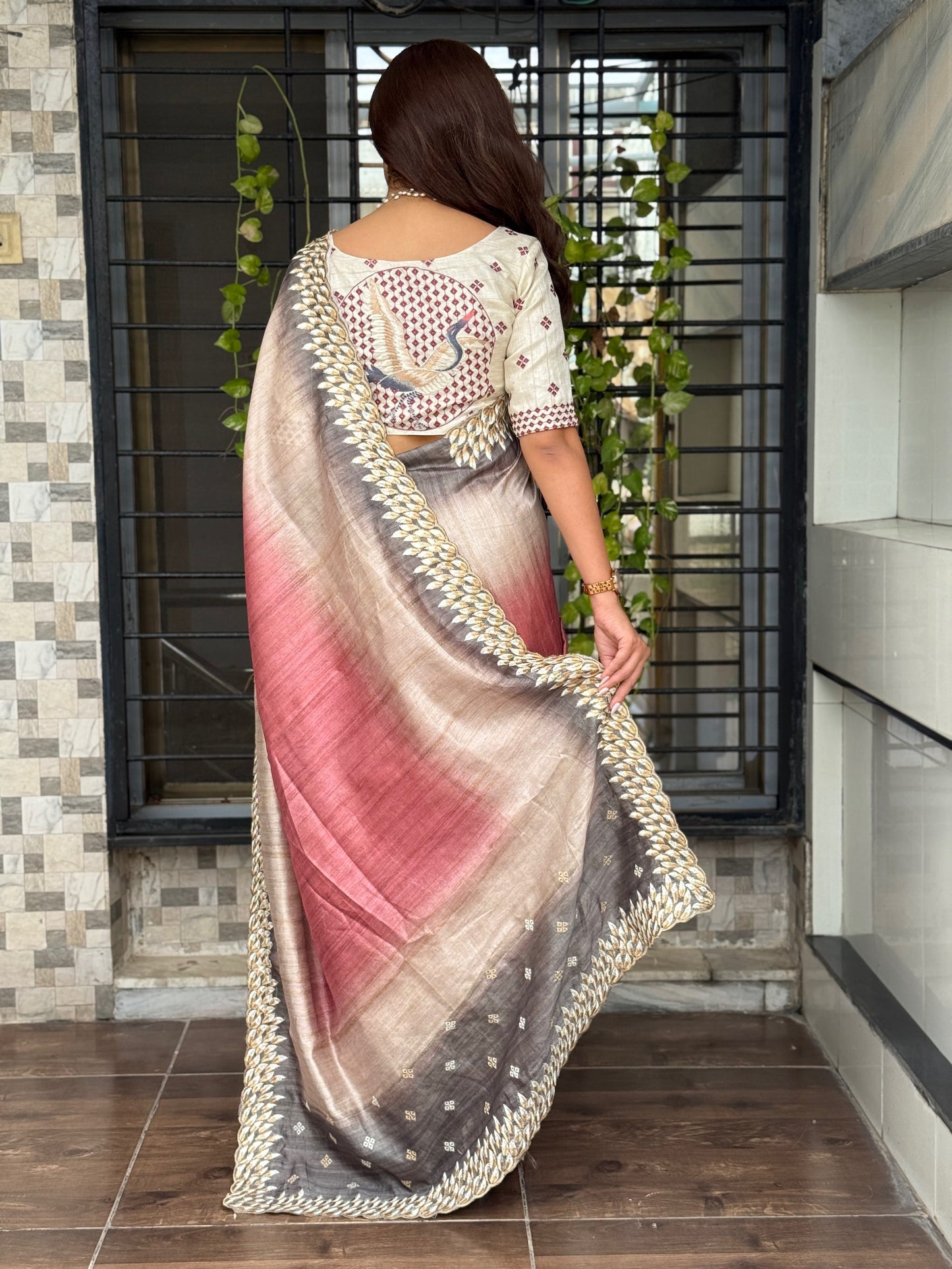 Anuscouture Flamingo - Digital Print Silk Saree with Kashmiri Embroidery Anuscouture