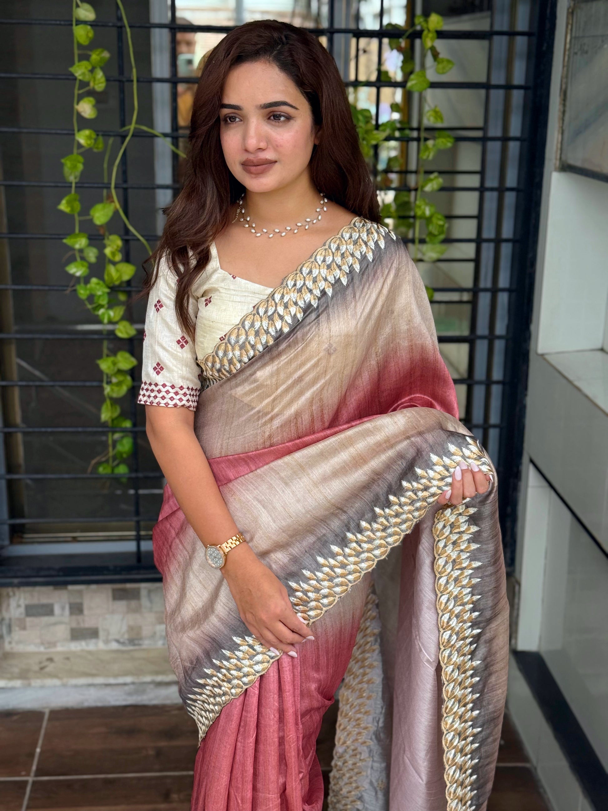 Anuscouture Flamingo - Digital Print Silk Saree with Kashmiri Embroidery Anuscouture