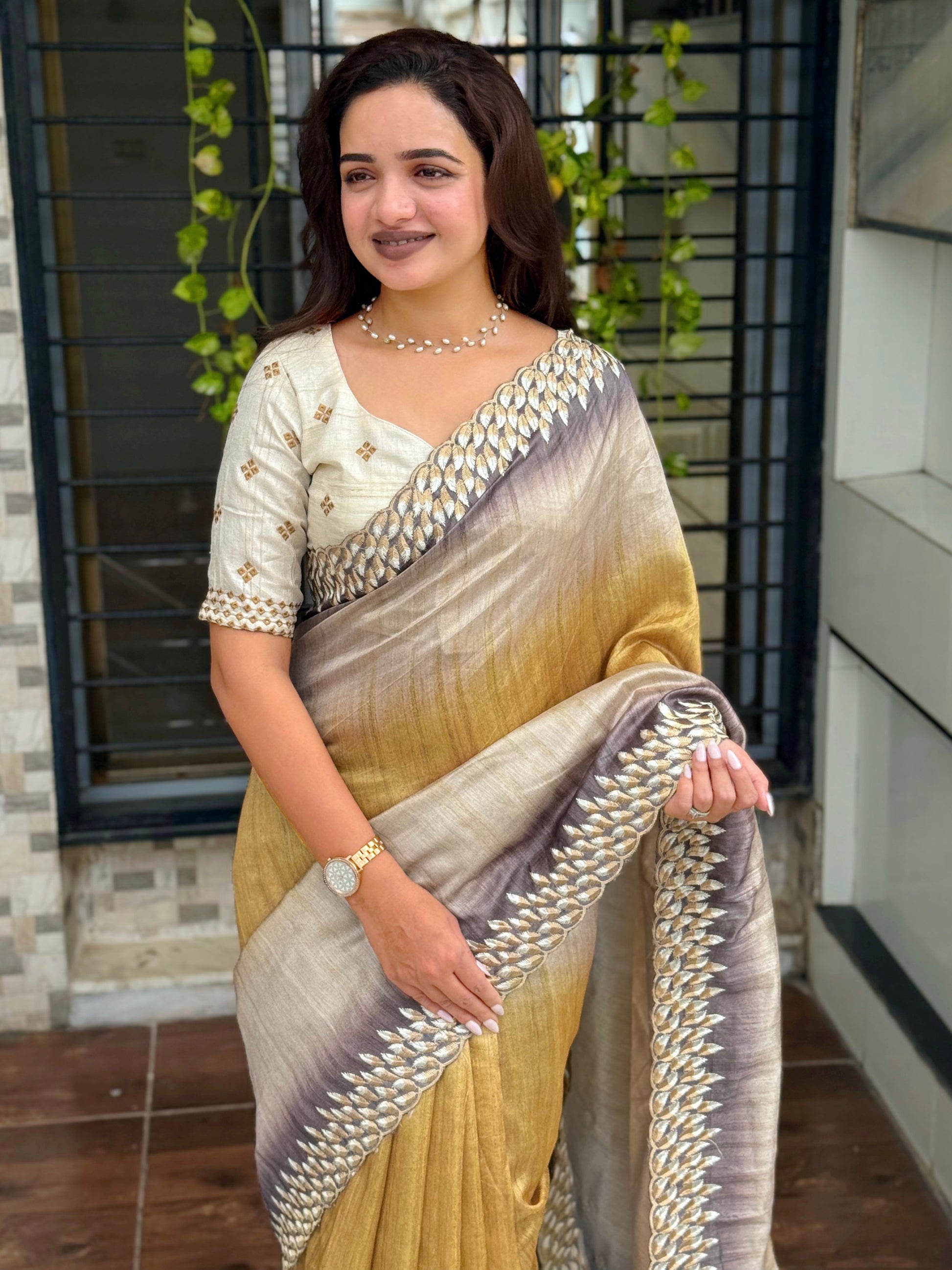 Anuscouture Flamingo - Digital Print Silk Saree with Kashmiri Embroidery Anuscouture