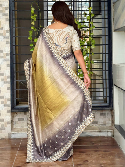 Anuscouture Flamingo - Digital Print Silk Saree with Kashmiri Embroidery Anuscouture