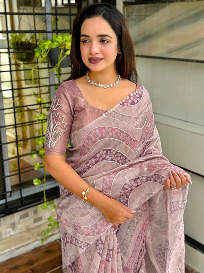 Anuscouture Nurvi - Linen Cotton Saree with Thread & Zari Detailing Anuscouture