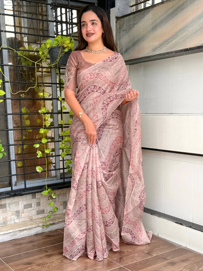Anuscouture Nurvi - Linen Cotton Saree with Thread & Zari Detailing Anuscouture