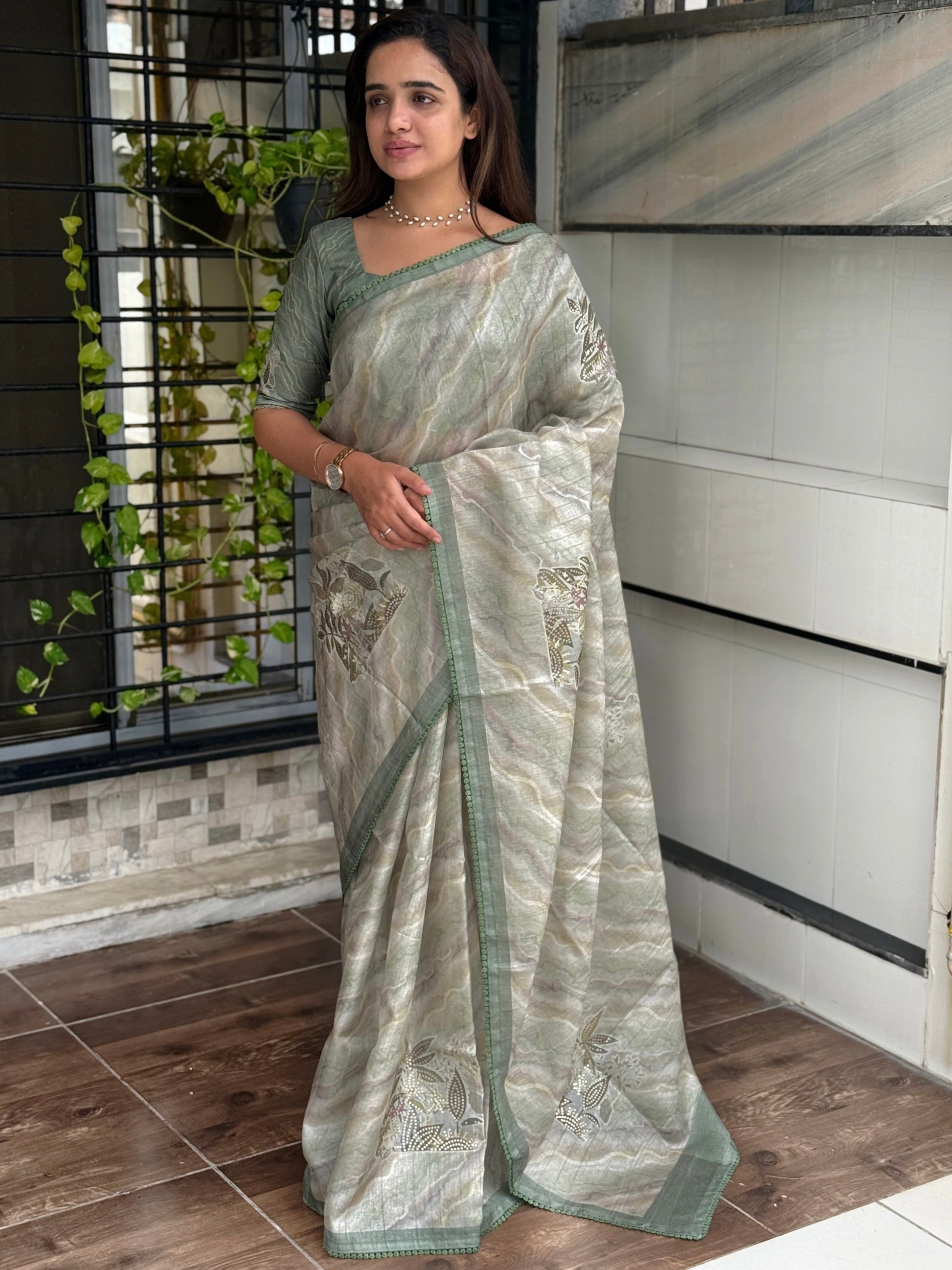 AnusCouture Divya - Pure Linen Saree with Digital Print & Sequin Detailing Anuscouture