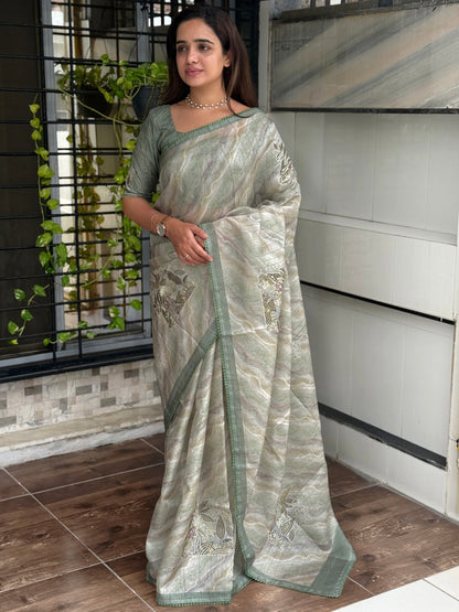 AnusCouture Divya - Pure Linen Saree with Digital Print & Sequin Detailing Anuscouture