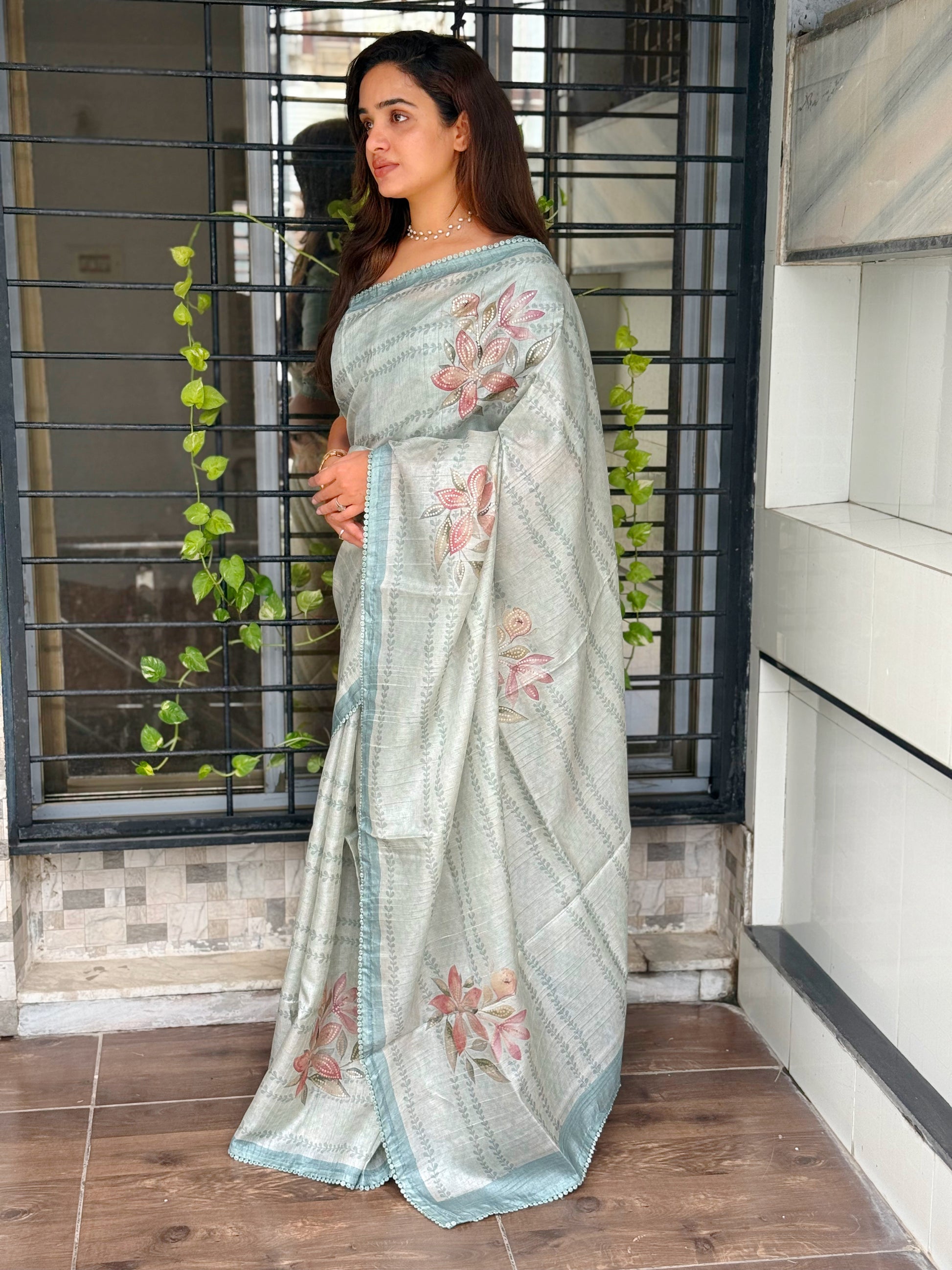AnusCouture Divya - Pure Linen Saree with Digital Print & Sequin Detailing Anuscouture