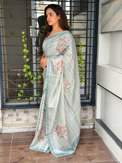 AnusCouture Divya - Pure Linen Saree with Digital Print & Sequin Detailing Anuscouture