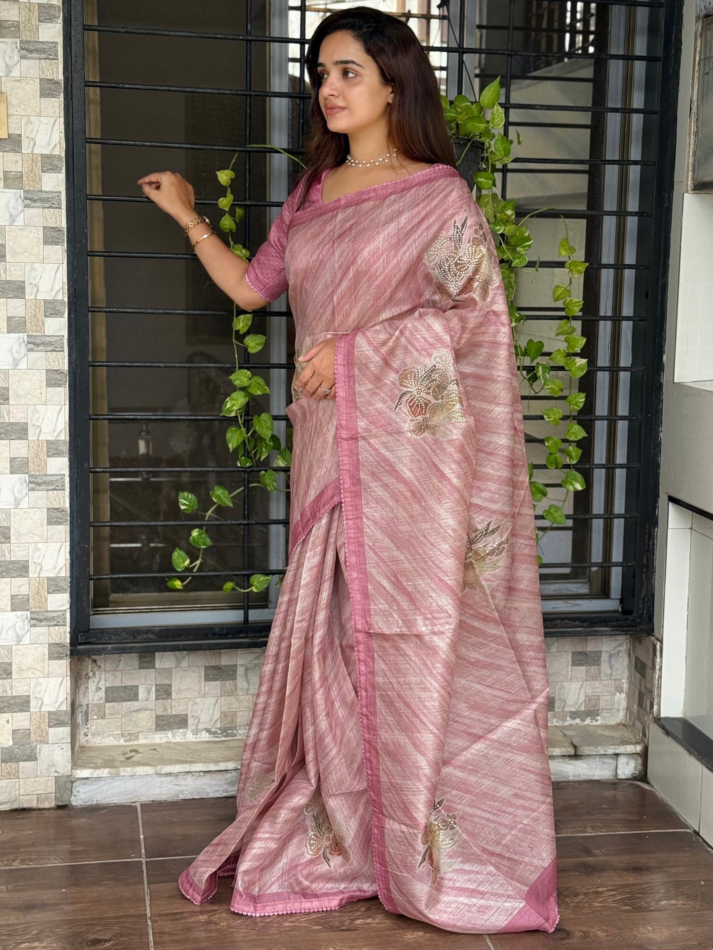 AnusCouture Divya - Pure Linen Saree with Digital Print & Sequin Detailing Anuscouture
