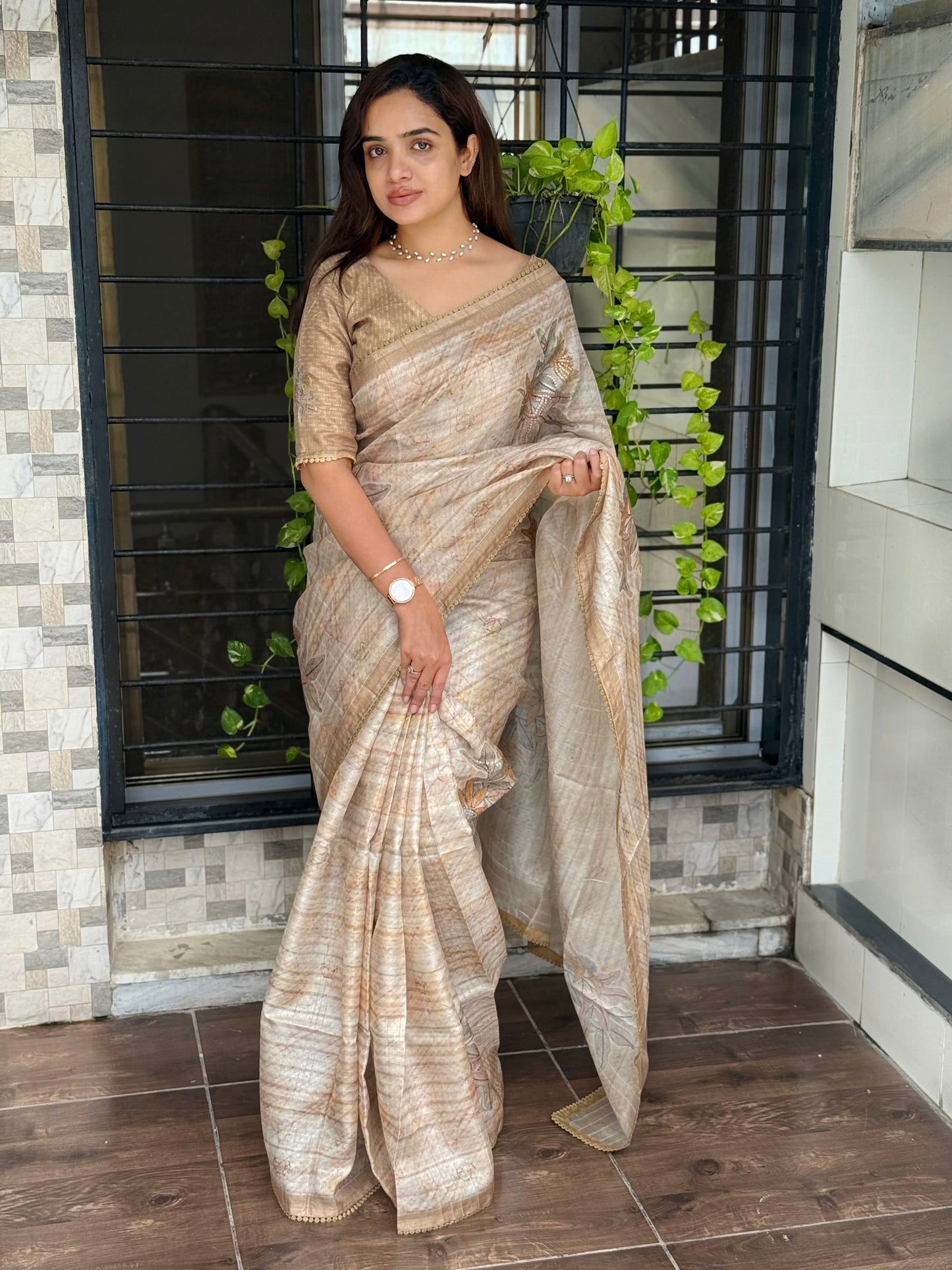 AnusCouture Divya - Pure Linen Saree with Digital Print & Sequin Detailing Anuscouture
